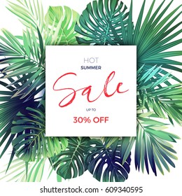 Green summer tropical background with exotic palm leaves and plants. Vector floral sale template.