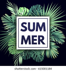 Green summer tropical background with exotic palm leaves and plants. Vector floral background.