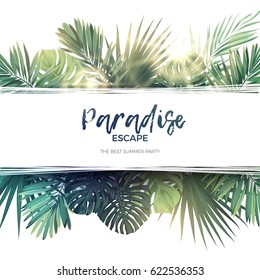 Green summer tropical background with exotic palm leaves and plants. Vector floral background.