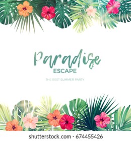 Green summer tropical background with exotic palm leaves and hibiscus flowers. Vector floral background.