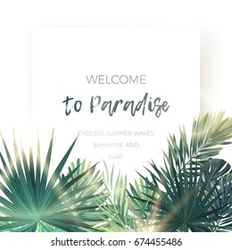 Green summer tropical background with exotic palm leaves and plants. Vector floral background.