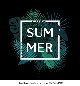 Green summer tropical background with exotic palm leaves and plants on black background. Vector illustration.