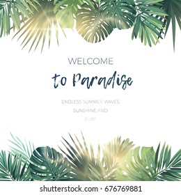 Green summer tropical background with exotic palm leaves and plants. Vector floral background.