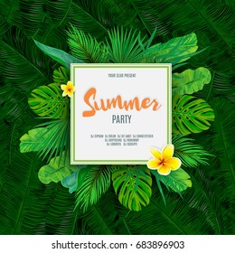 Green summer tropical background with exotic palm leaves and plants. Vector floral background.