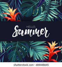 Green summer tropical background with exotic palm leaves and flowers. Vector floral background.