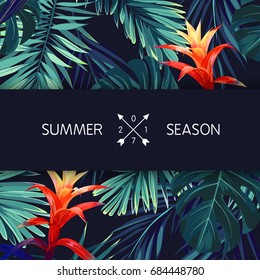 Green summer tropical background with exotic palm leaves and flowers. Vector floral background.