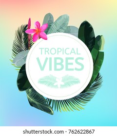 Green summer tropical background with exotic palm leaves and plants. Vector floral background 
with tropical frangipani flower