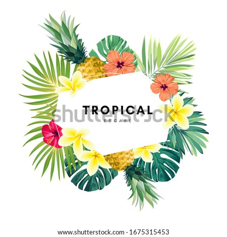 Green summer tropical background with exotic monstera palm leaves, pineapples, plumeria and hibiscus flowers. Vector floral background. Party flyer, invitation or banner template.