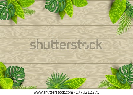 Green summer tropical background, exotic leaves on textured wood background. Place for text. Vector illustration for poster, web, flyer, party invitation, ecological concept, sesonal sale.