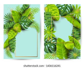 Green summer tropical background set with exotic leaves. Place for text. Vector illustration for poster, web, flyer, party invitation, sale, ecological concept.