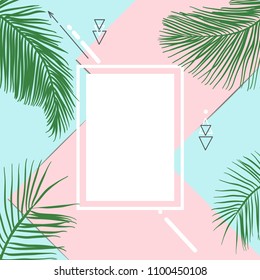 Green summer tropical design with exotic palm leaves. Floral vector on pink and blue   background.