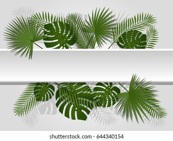 Green summer tropical header with exotic palm leaves and plant. Vector floral design on white line background.