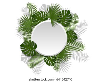 Green summer tropical header with exotic palm leaves and plant. Vector floral design on white line background.