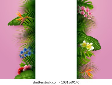 Green summer with tropical leaves and flowers. Vector pink background