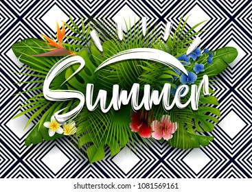 Green summer with tropical leaves and flowers. Vector striped background