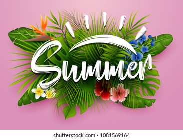 Green summer with tropical leaves and flowers. Vector pink background