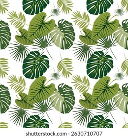 Green summer tropical seamless pattern with green leaves. Monstera, fern and other tropical plants. Floral print, vector illustration.