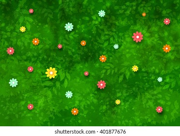 Green summer vector background with leaves, tree branches and flowers.