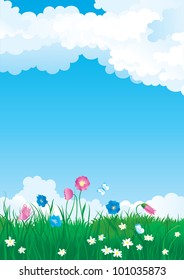 Green summer. Vector illustration of summer landscape with many flowers on green grass and blue sky with fluffy clouds