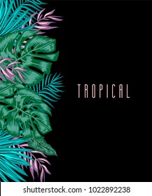 Fondo tropical vertical de verano verde con hojas de palma exóticas y plantas sobre fondo negro y lugar para tu texto. Diseño de banderas florales vectoriales