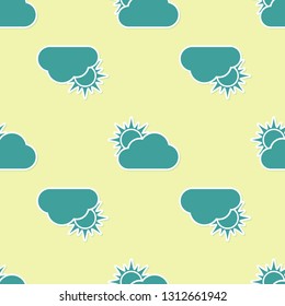 Green Sun and cloud weather icon isolated seamless pattern on yellow background. Flat design. Vector Illustration
