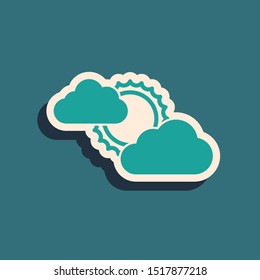 Green Sun and cloud weather icon isolated on blue background. Long shadow style. Vector Illustration