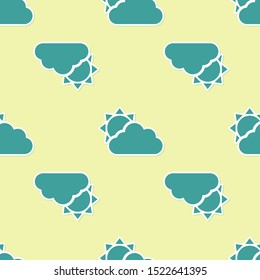 Green Sun and cloud weather icon isolated seamless pattern on yellow background.  Vector Illustration