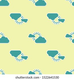 Green Sun and cloud weather icon isolated seamless pattern on yellow background.  Vector Illustration