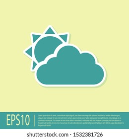 Green Sun and cloud weather icon isolated on yellow background.  Vector Illustration