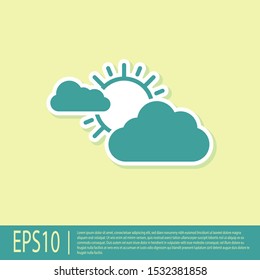Green Sun and cloud weather icon isolated on yellow background.  Vector Illustration