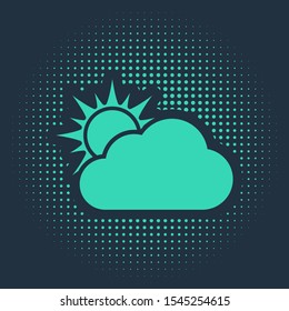 Green Sun and cloud weather icon isolated on blue background. Abstract circle random dots. Vector Illustration