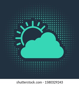 Green Sun and cloud weather icon isolated on blue background. Abstract circle random dots. Vector Illustration