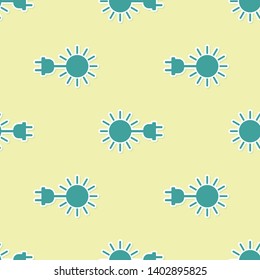 Green Sun with electric plug icon isolated seamless pattern on yellow background. Energy saving concept. Vector Illustration