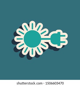 Green Sun with electric plug icon isolated on blue background. Energy saving concept.  Vector Illustration