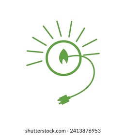 Green sun with electrical plug on white background
