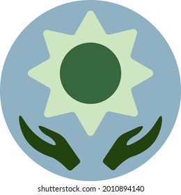 Green sun and hands, illustration, vector on a white background.