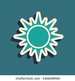 Green Sun icon isolated on blue background. Long shadow style. Vector Illustration