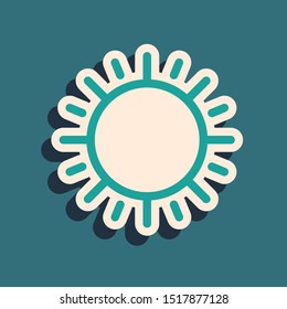 Green Sun icon isolated on blue background. Long shadow style. Vector Illustration