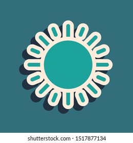 Green Sun icon isolated on blue background. Long shadow style. Vector Illustration