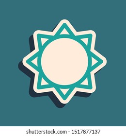 Green Sun icon isolated on blue background. Long shadow style. Vector Illustration