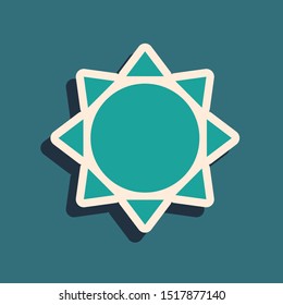 Green Sun icon isolated on blue background. Long shadow style. Vector Illustration