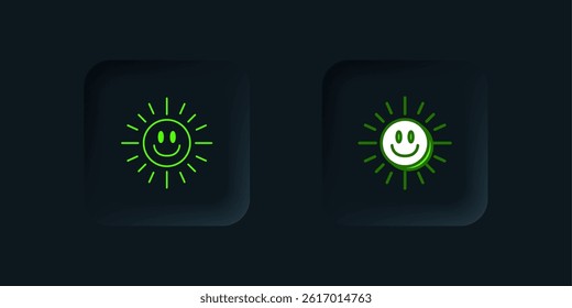 Green Sun icon isolated on black background. Black square button. Vector