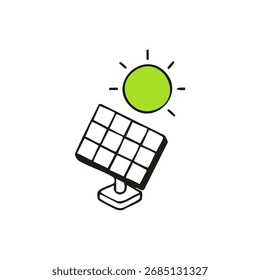 Green sun over solar panel, cartoon-style, on white