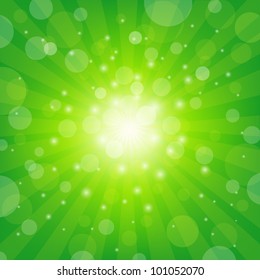 Green Sunburst Background With Bokeh, Vector Illustration