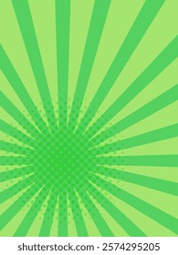 Green sunburst background spreading from halftone dots center creating a dynamic and vibrant backdrop, perfect for comic books, posters or graphic design projects