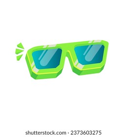 Green sunglasses with blue lens isolated on white background. Cartoon funny kids green summer sunglasses icon, label and sign. Cool hipster Sunglasses vector graphic illustration