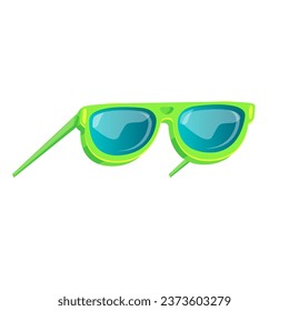 Green sunglasses with blue lens isolated on white background. Cartoon funny kids green summer sunglasses icon, label and sign. Cool hipster Sunglasses vector graphic illustration