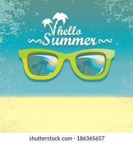 green sunglasses with tropical island reflection. vector summer background