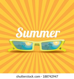 green sunglasses with tropical island reflection. vector summer background