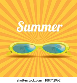 green sunglasses with tropical island reflection. vector summer background